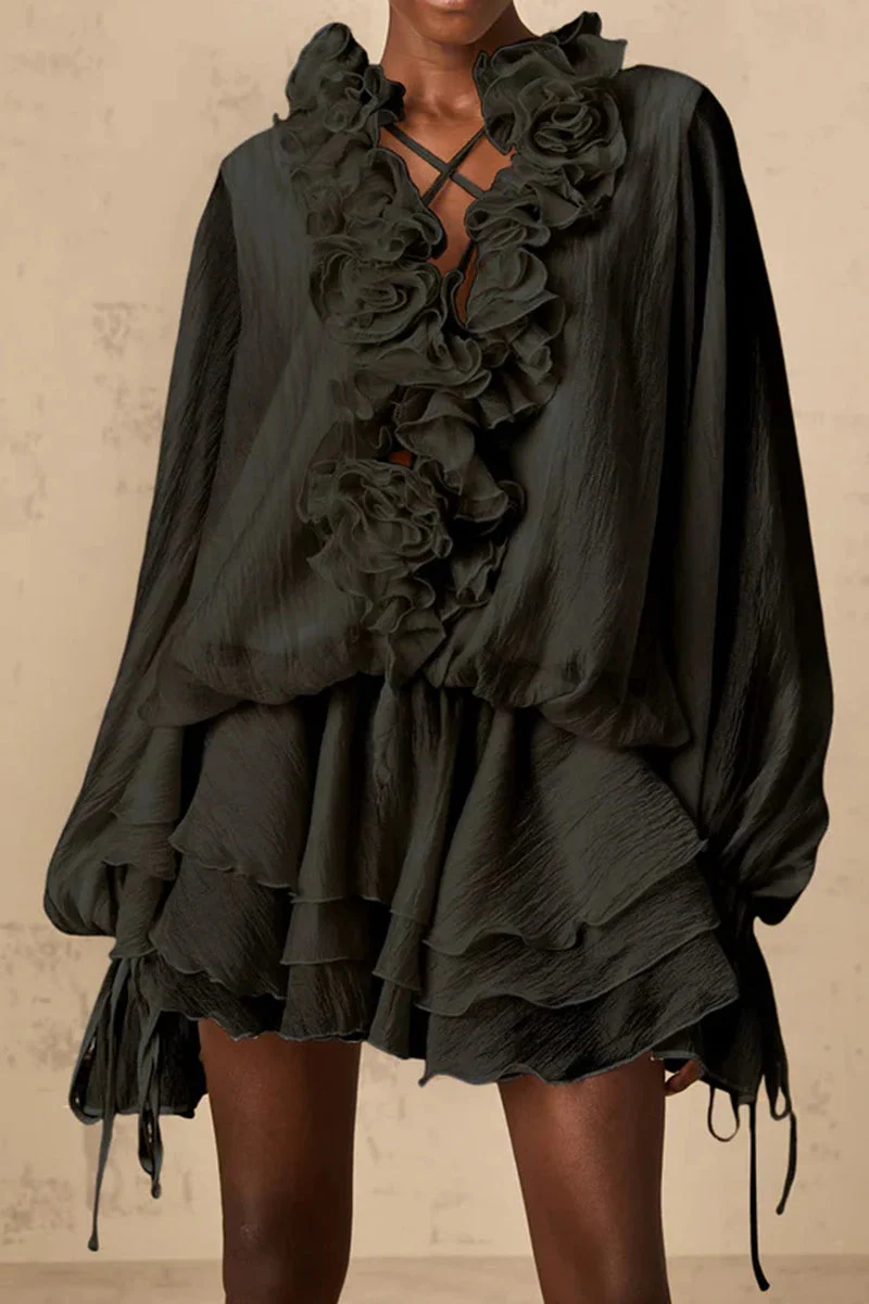 Loose Fit Folded Ruffle Boho Dress - Image 20