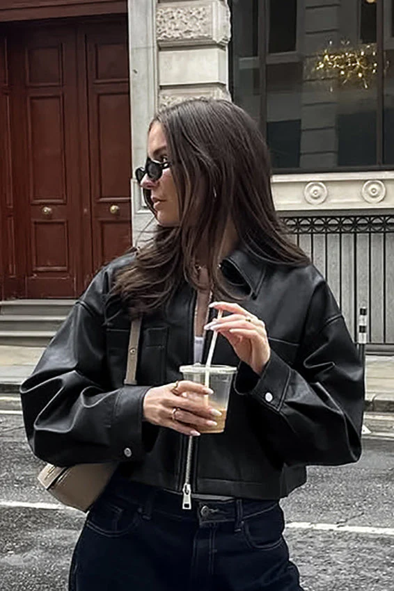 Loose Fit Matte Leather Short Jacket - Image 2