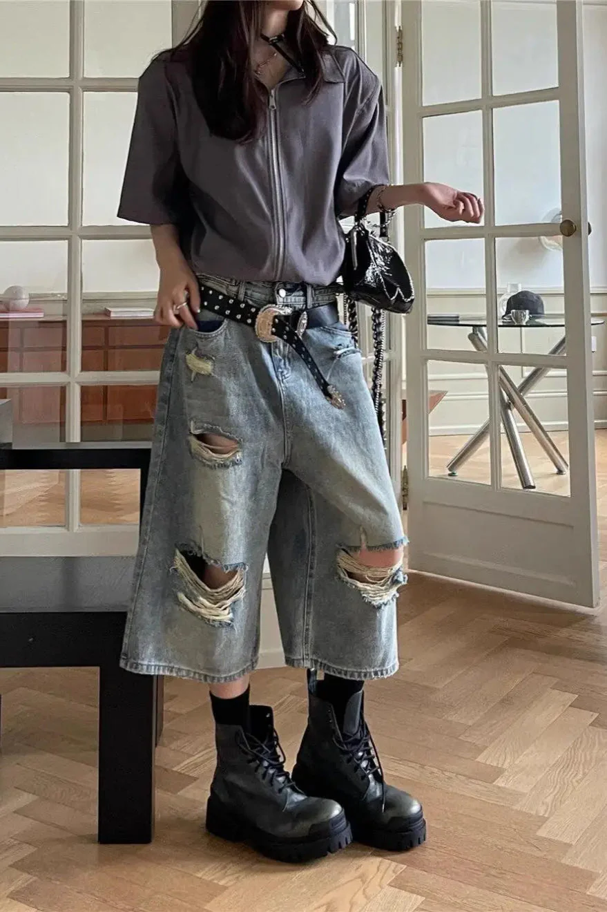 Loose Ripped Capri Wide Leg Jeans - Image 2