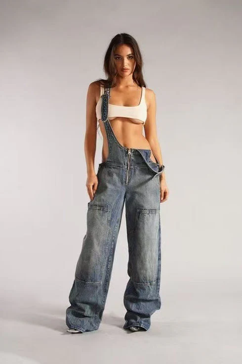 Low Rise Wide Leg Overall Jeans - Image 2