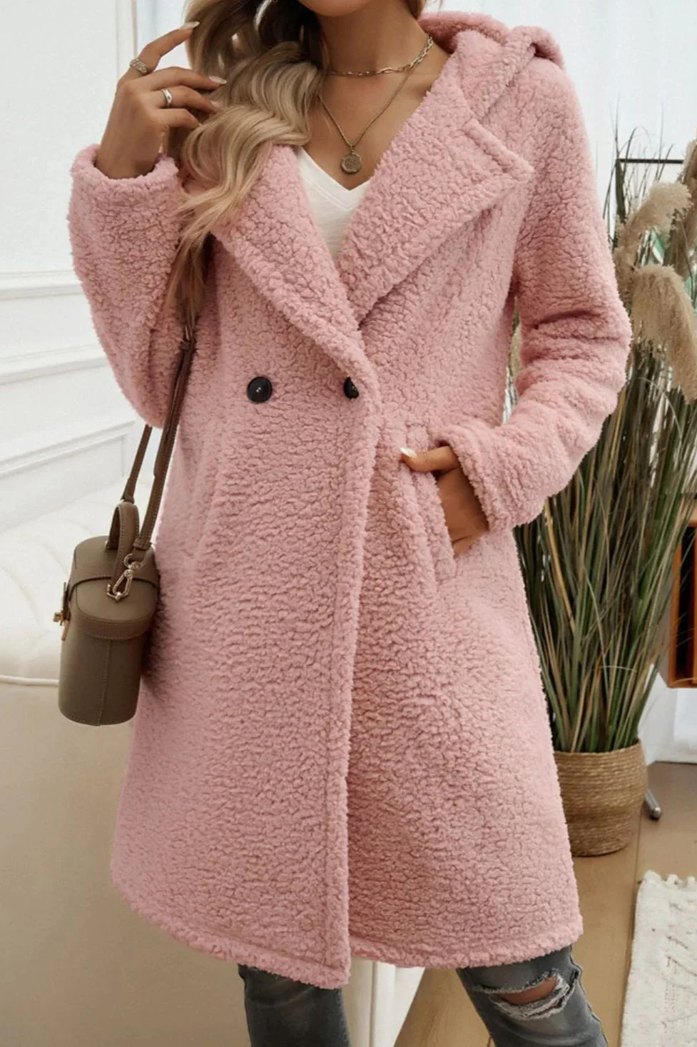 Mid-Length Fuzzy Lapel Coat - Image 10