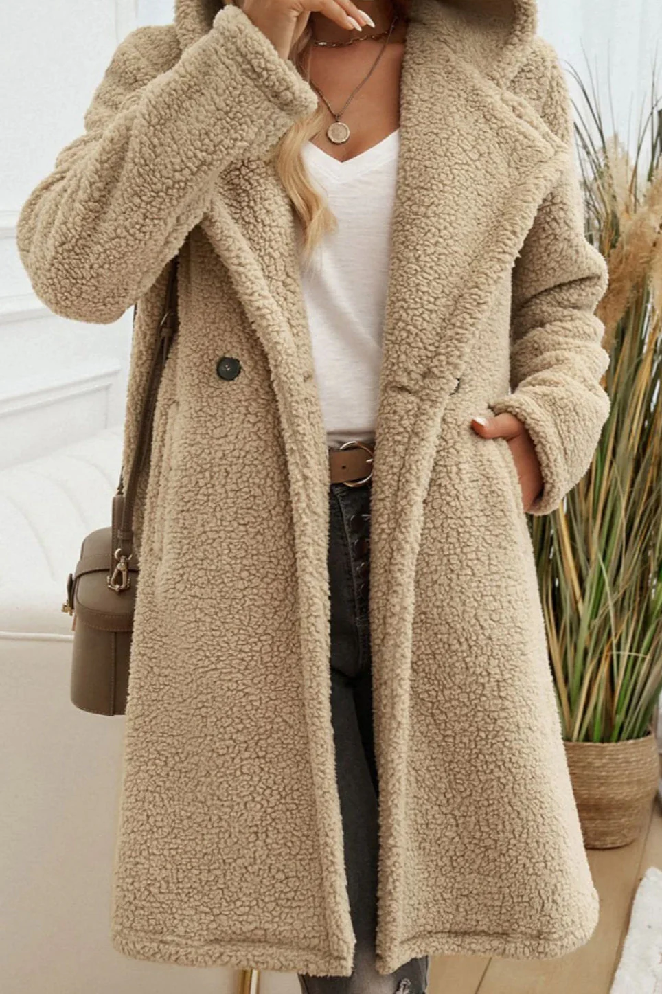 Mid-Length Fuzzy Lapel Coat - Image 3