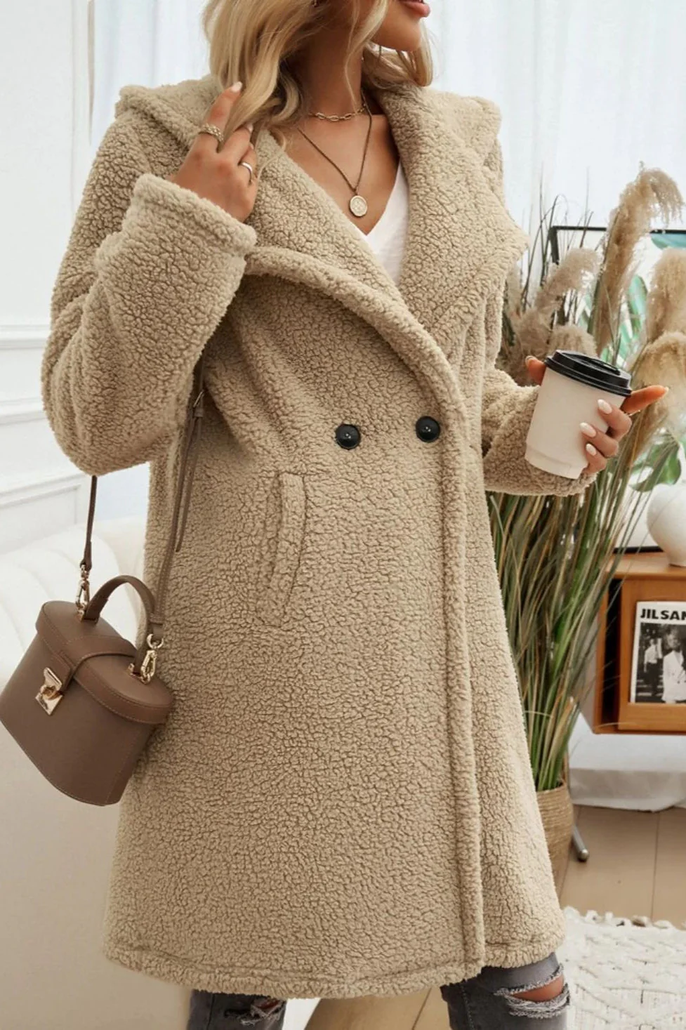 Mid-Length Fuzzy Lapel Coat - Image 4