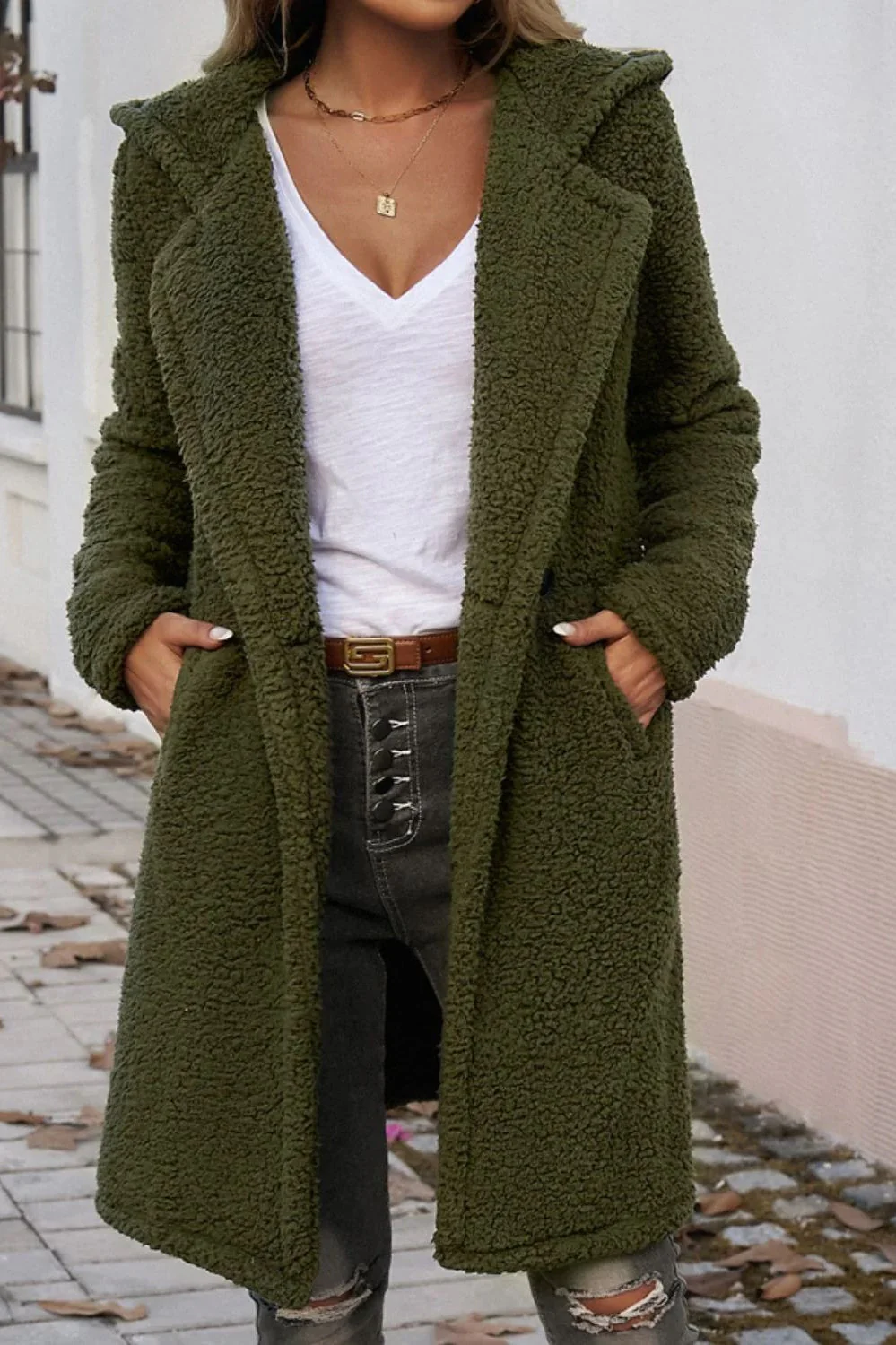 Mid-Length Fuzzy Lapel Coat - Image 7