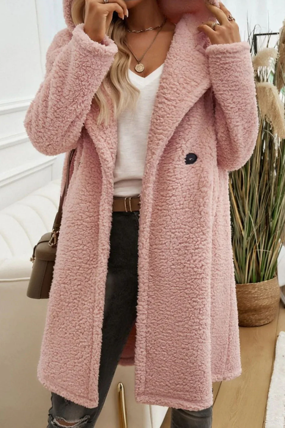 Mid-Length Fuzzy Lapel Coat - Image 9