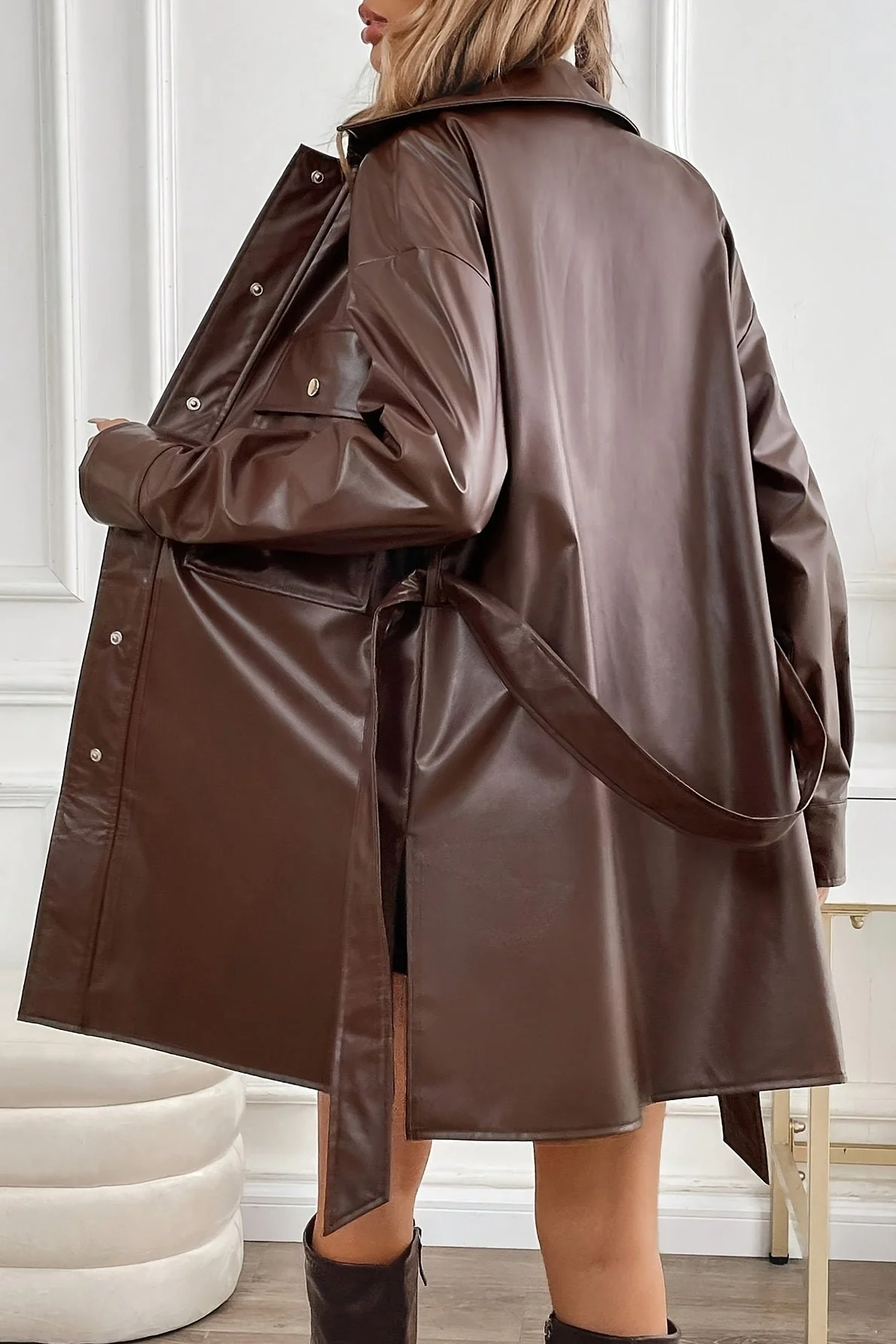 Mid-Length Windproof PU Belted Coat - Image 7