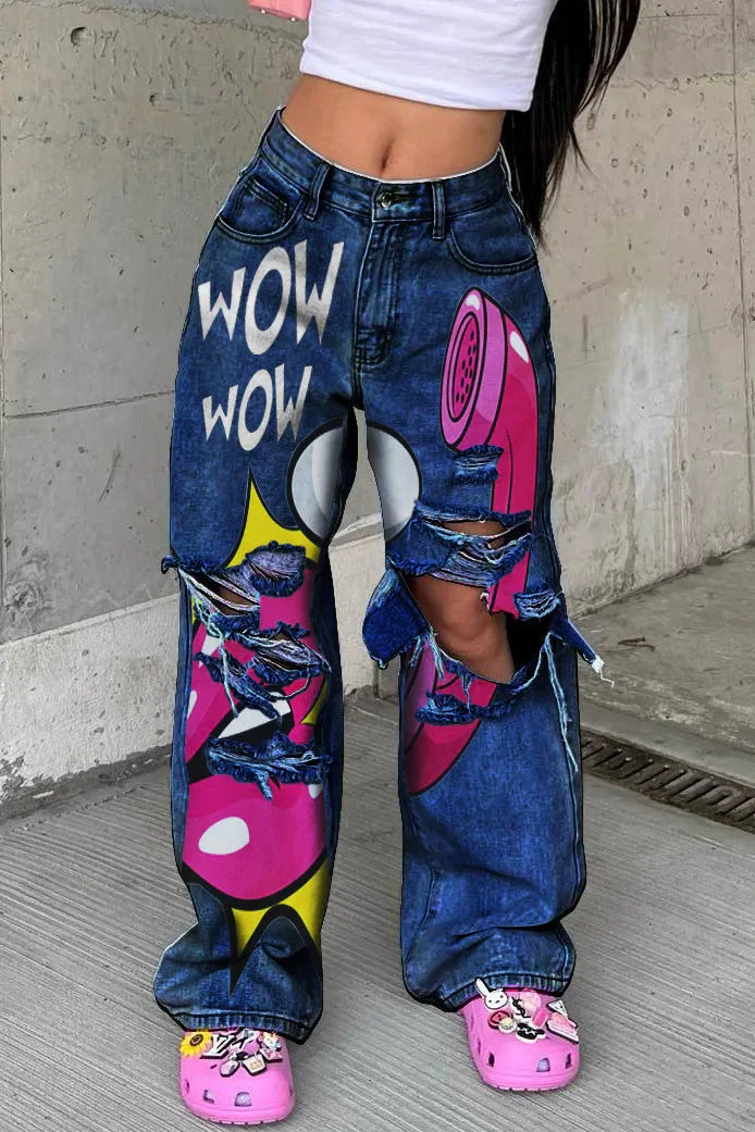 Mid Waist Printed Baggy Jeans - Image 2