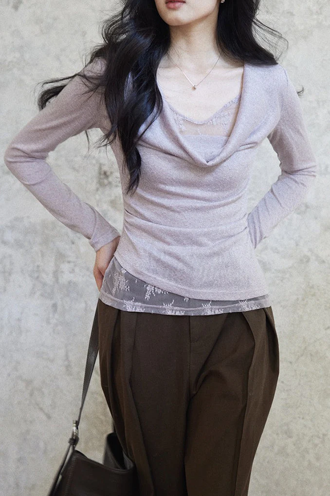 Mock Two Piece Draped Lace Knit Top - Image 2