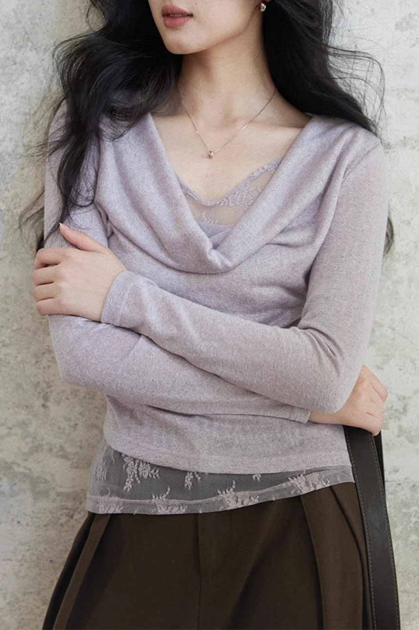 Mock Two Piece Draped Lace Knit Top - Image 3