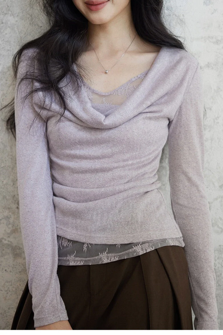 Mock Two Piece Draped Lace Knit Top - Image 5
