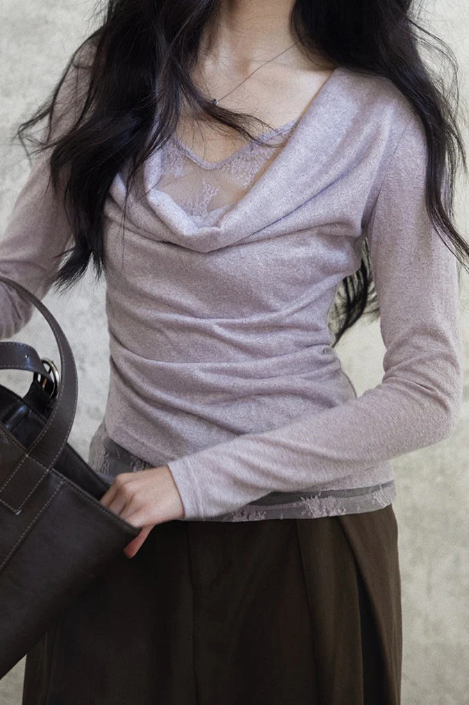 Mock Two Piece Draped Lace Knit Top - Image 7