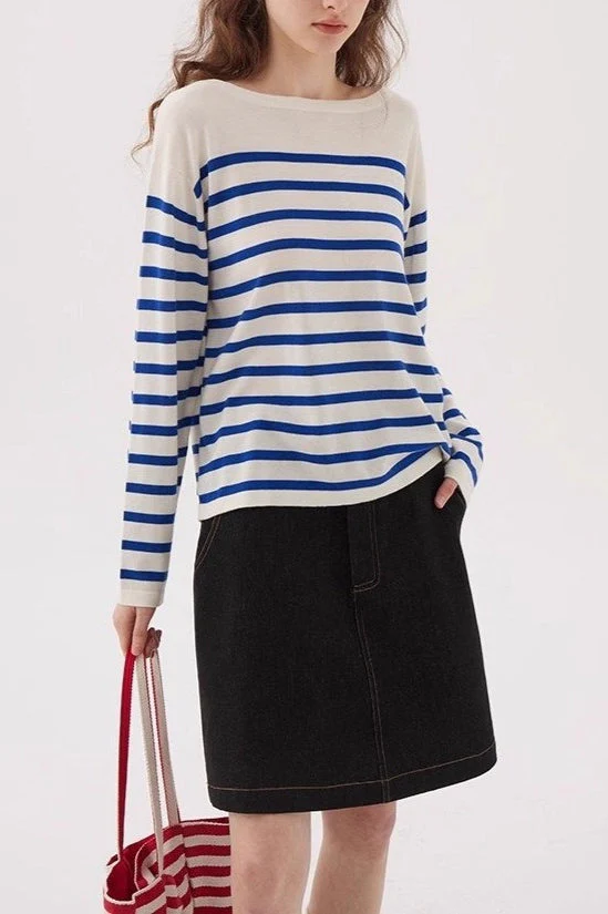 Navy Striped Relaxed Boat Neck Knit Top - Image 2