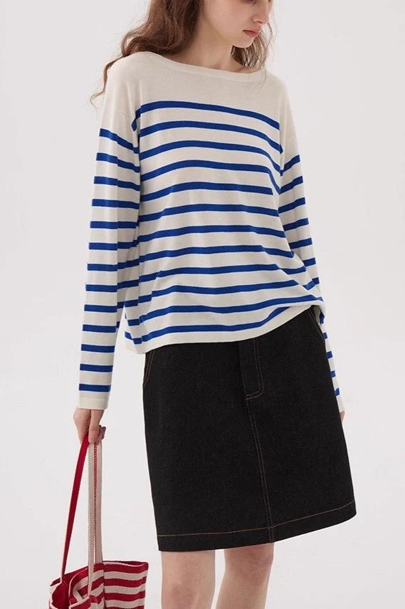Navy Striped Relaxed Boat Neck Knit Top - Image 3