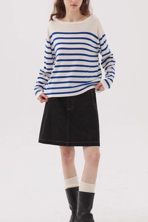 Navy Striped Relaxed Boat Neck Knit Top - Image 4
