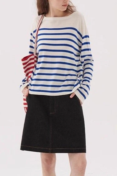 Navy Striped Relaxed Boat Neck Knit Top - Image 5