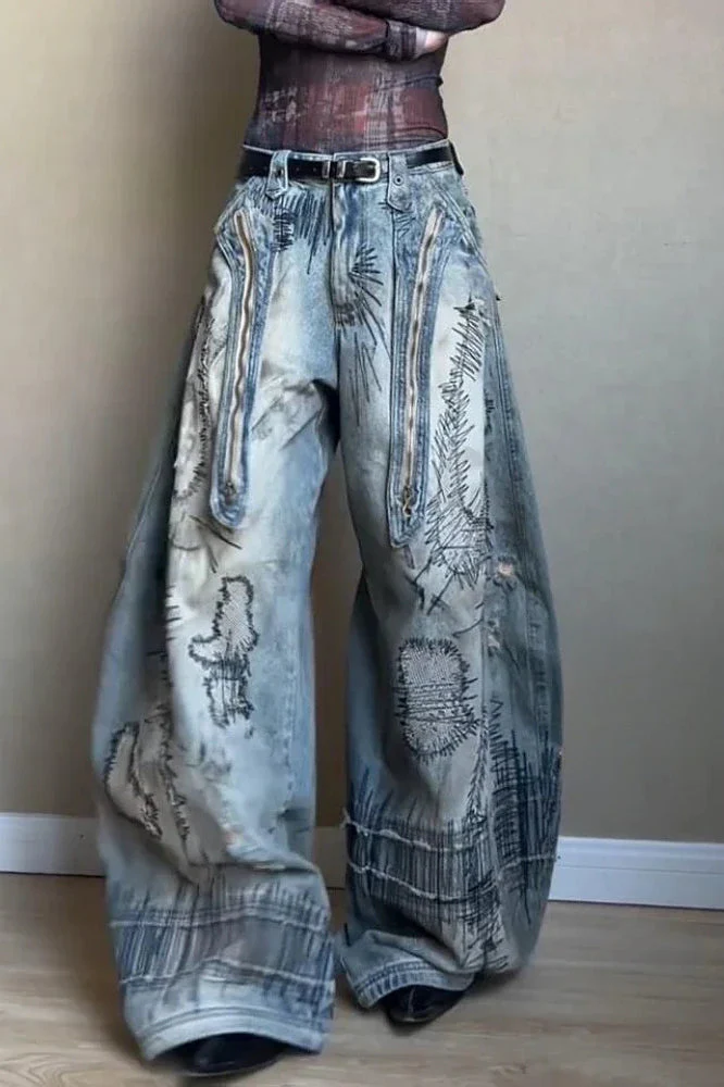 Needle Embroidered Wide Leg Jeans - Image 10