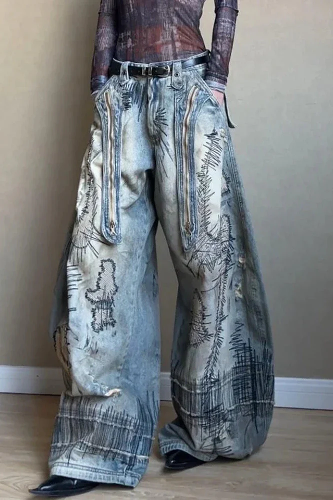 Needle Embroidered Wide Leg Jeans - Image 12