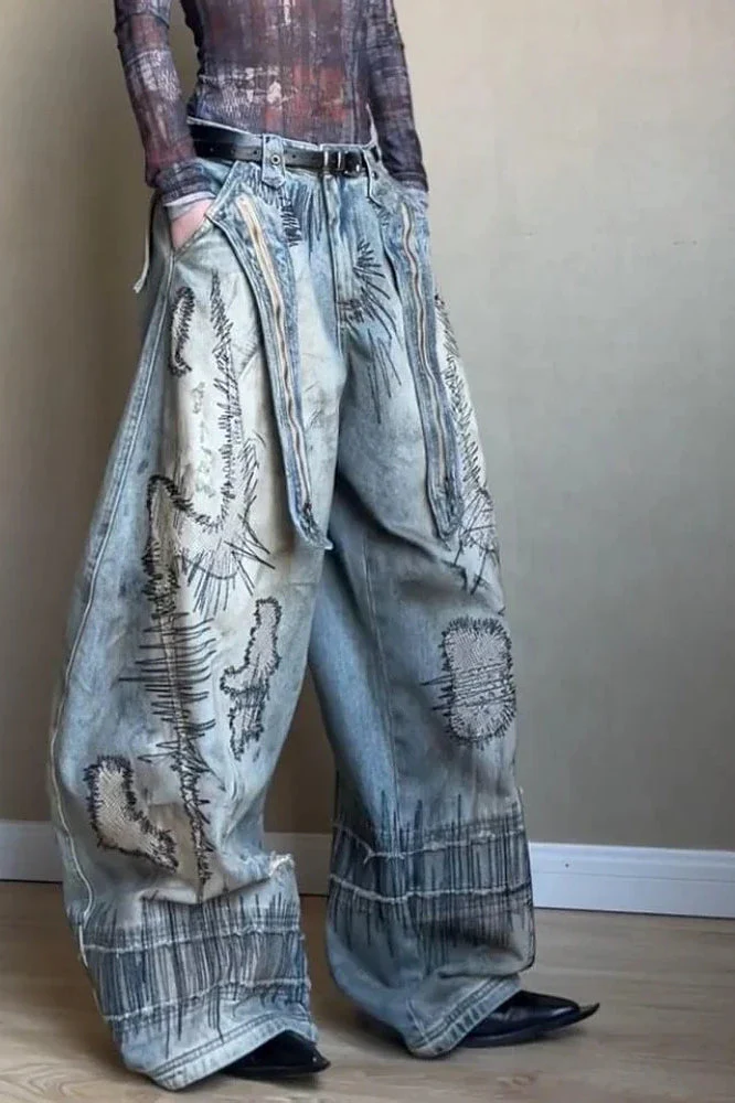 Needle Embroidered Wide Leg Jeans - Image 14