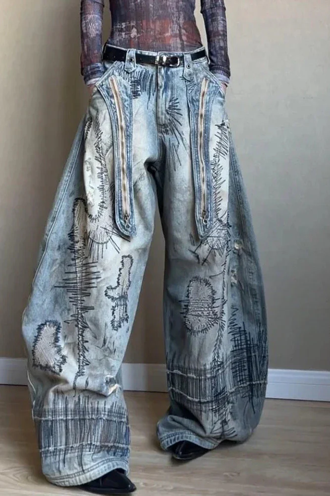 Needle Embroidered Wide Leg Jeans - Image 3