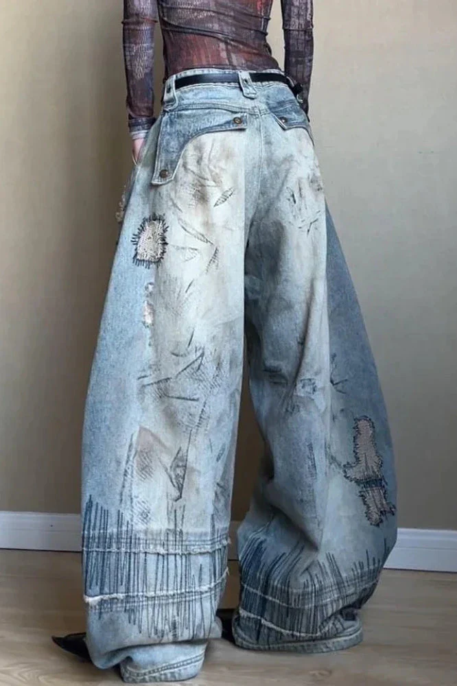 Needle Embroidered Wide Leg Jeans - Image 5