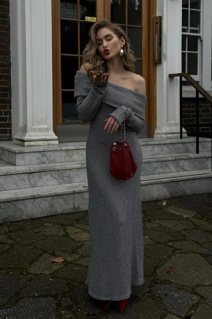 Off Shoulder Knit Sweater Dress - Image 3