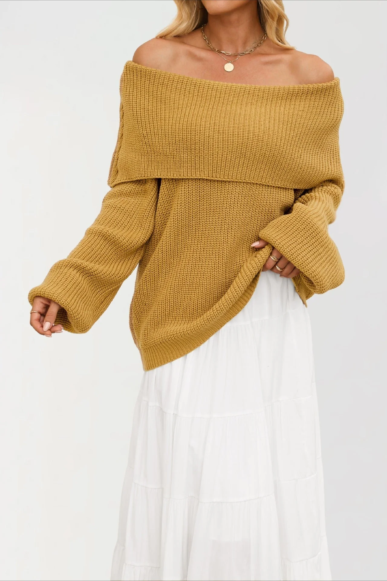 Off Shoulder Loose Knit Pullover Sweater - Image 11