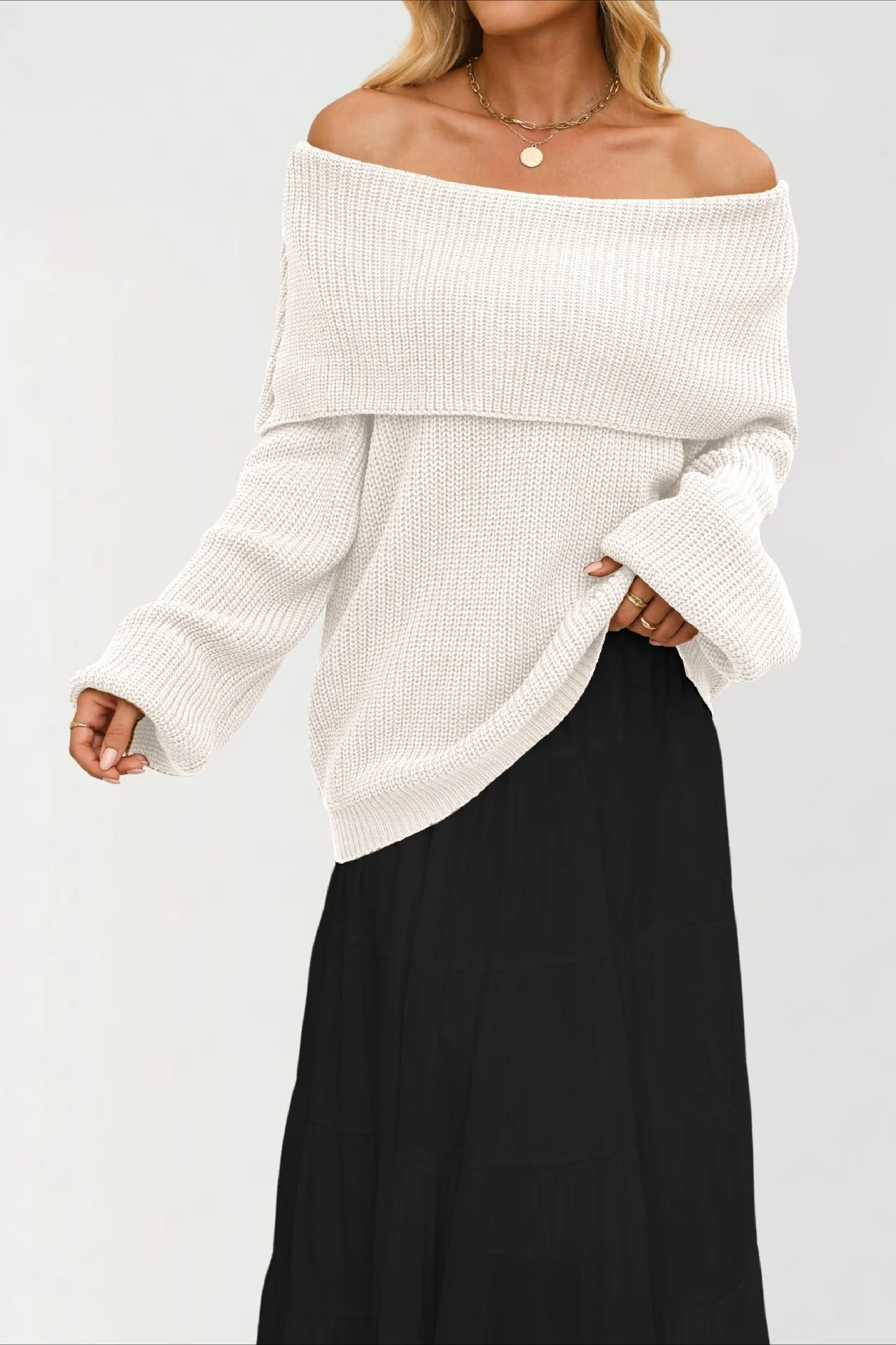 Off Shoulder Loose Knit Pullover Sweater - Image 18