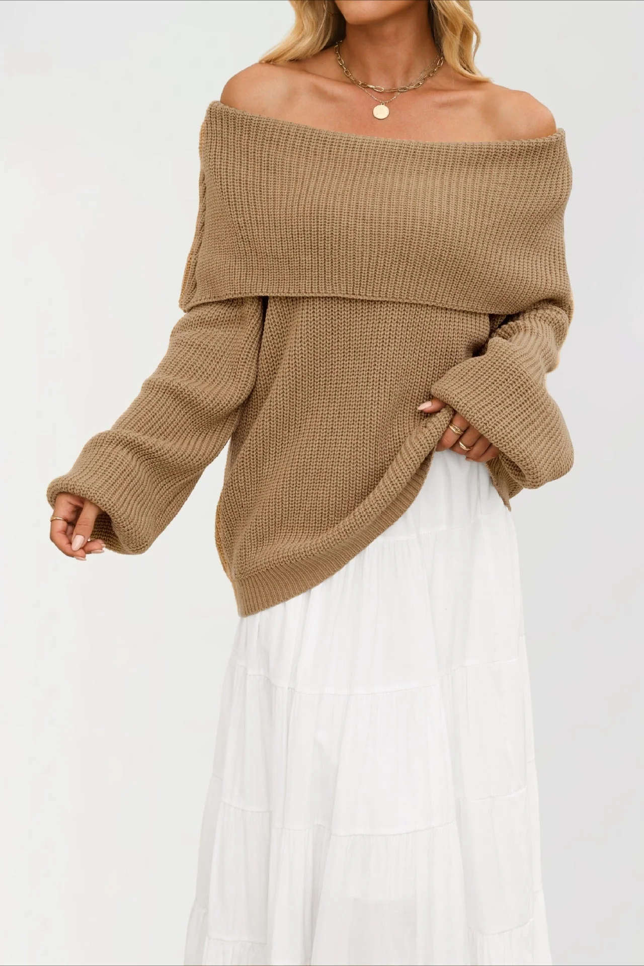 Off Shoulder Loose Knit Pullover Sweater - Image 23