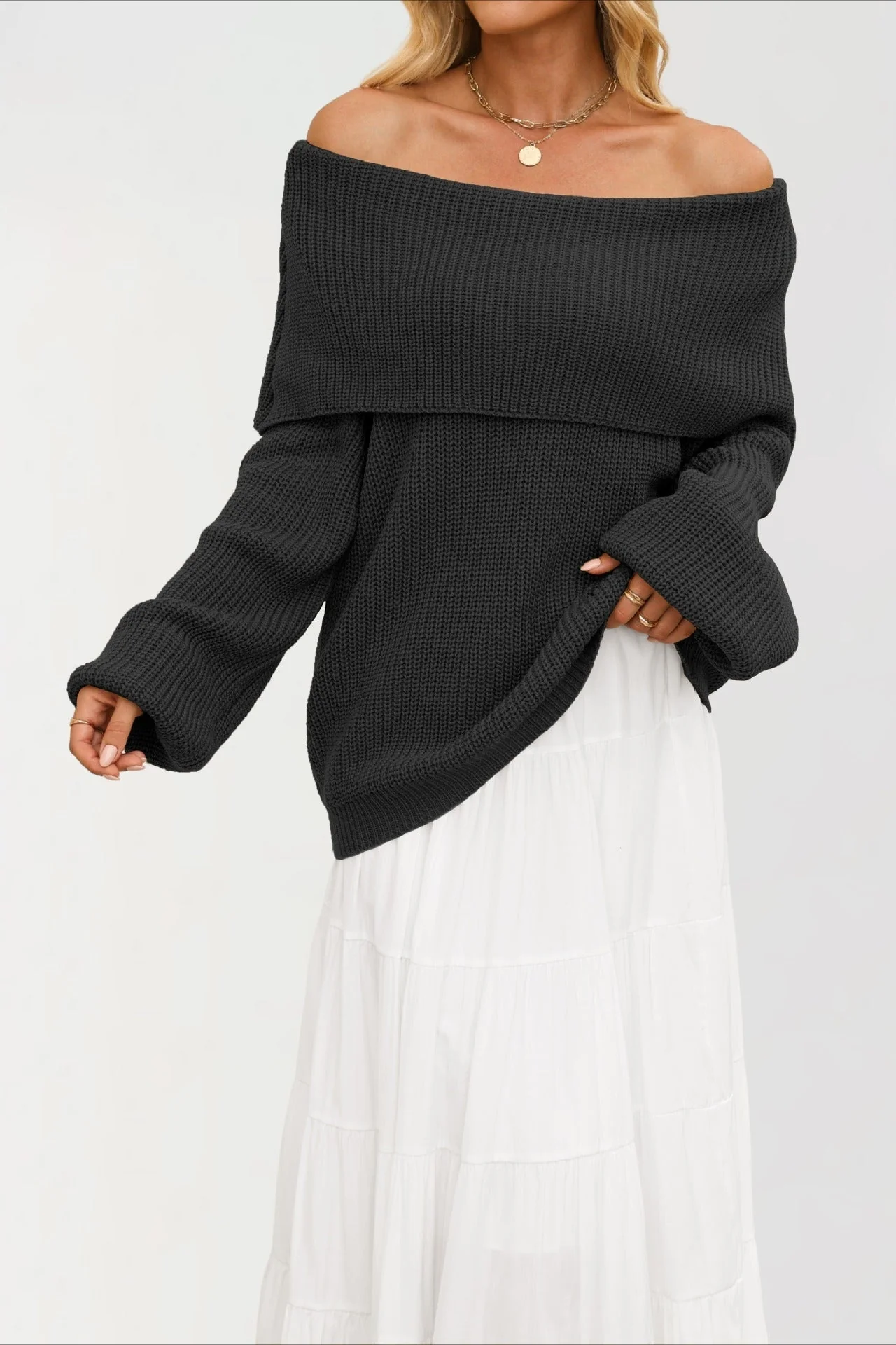 Off Shoulder Loose Knit Pullover Sweater - Image 3
