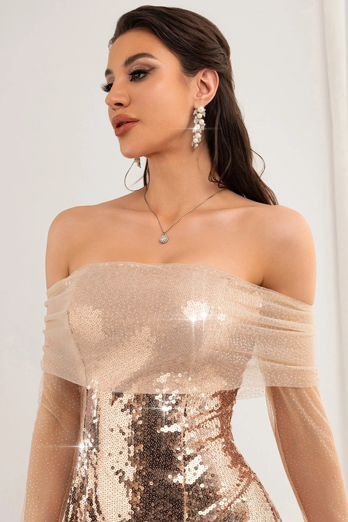 Off Shoulder Sequin Mesh Party Dress - Image 3