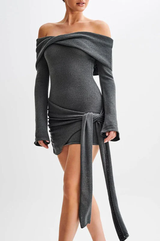 Off Shoulder Tie Knit Sweater Dress - Image 6
