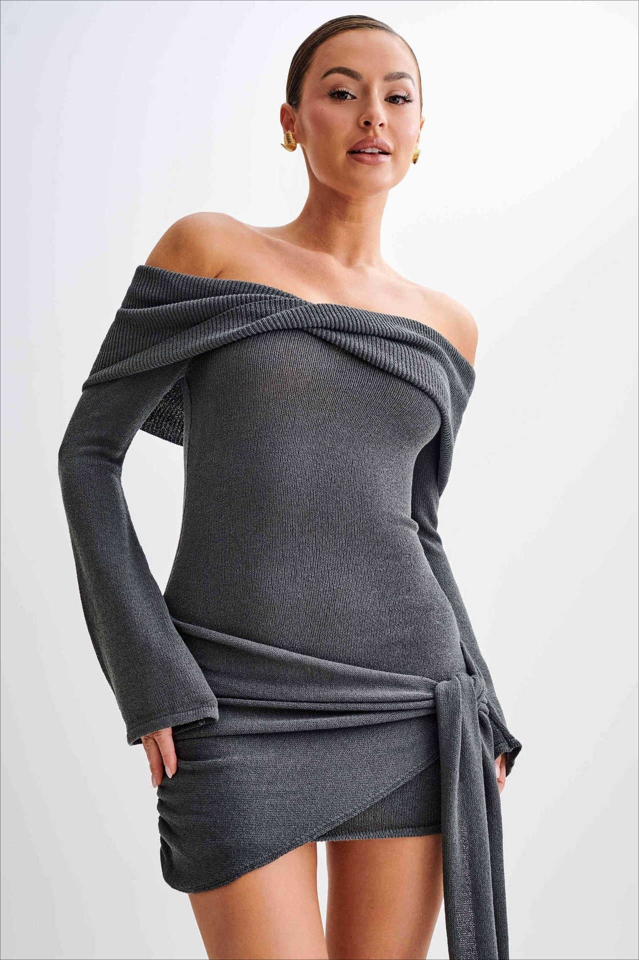 Off Shoulder Tie Knit Sweater Dress - Image 8