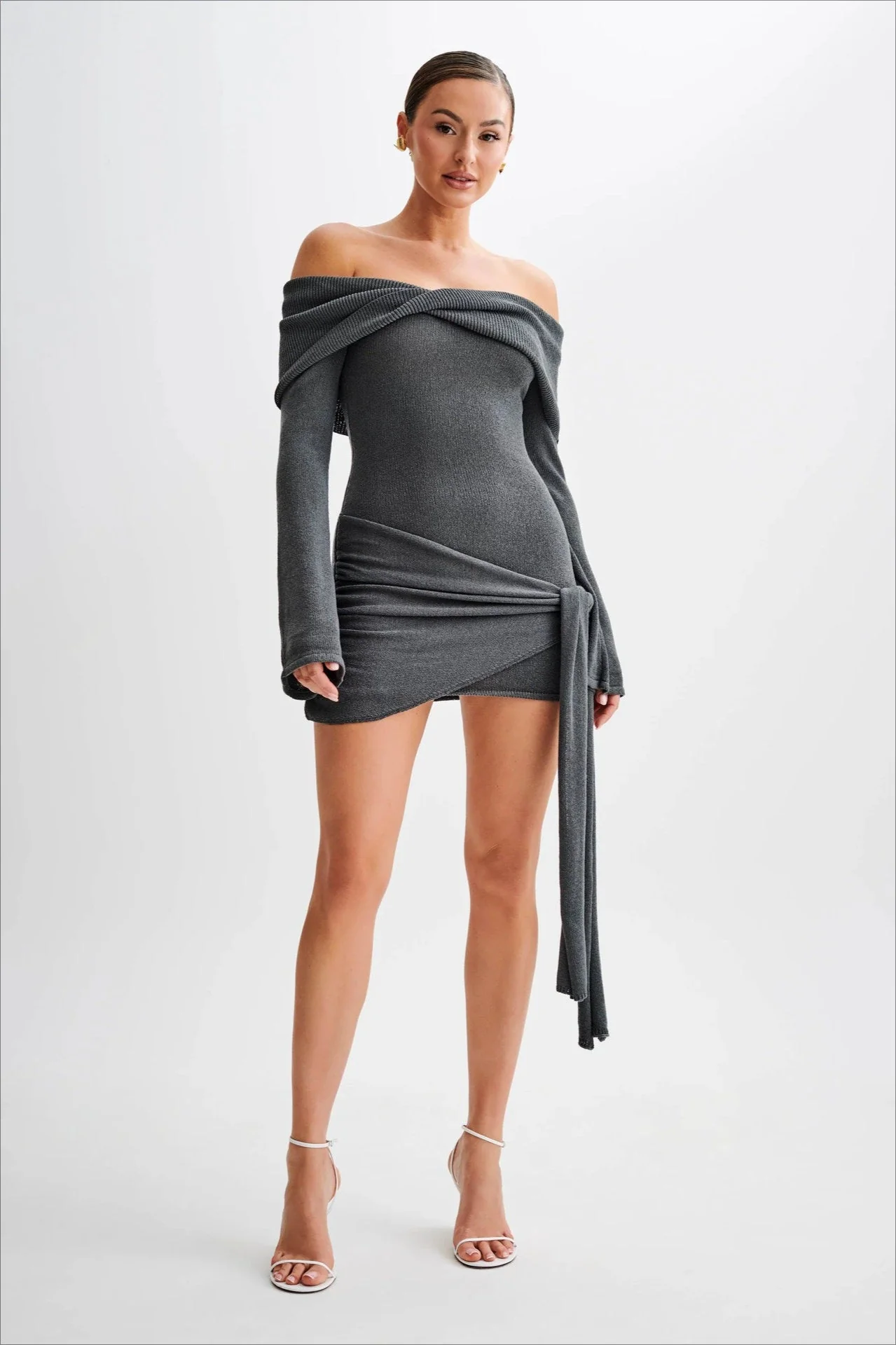 Off Shoulder Tie Knit Sweater Dress - Image 9