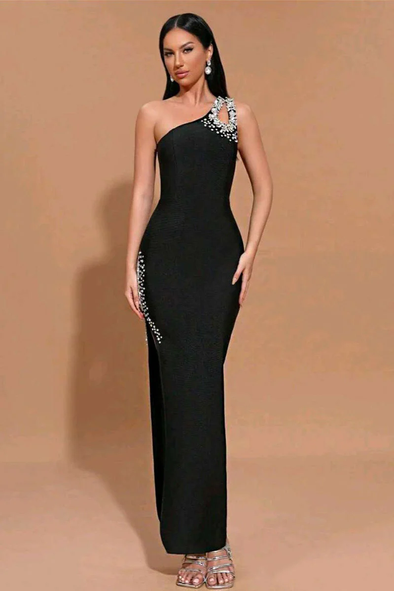 One Shoulder Rhinestone Bandage Party Dress - Image 2