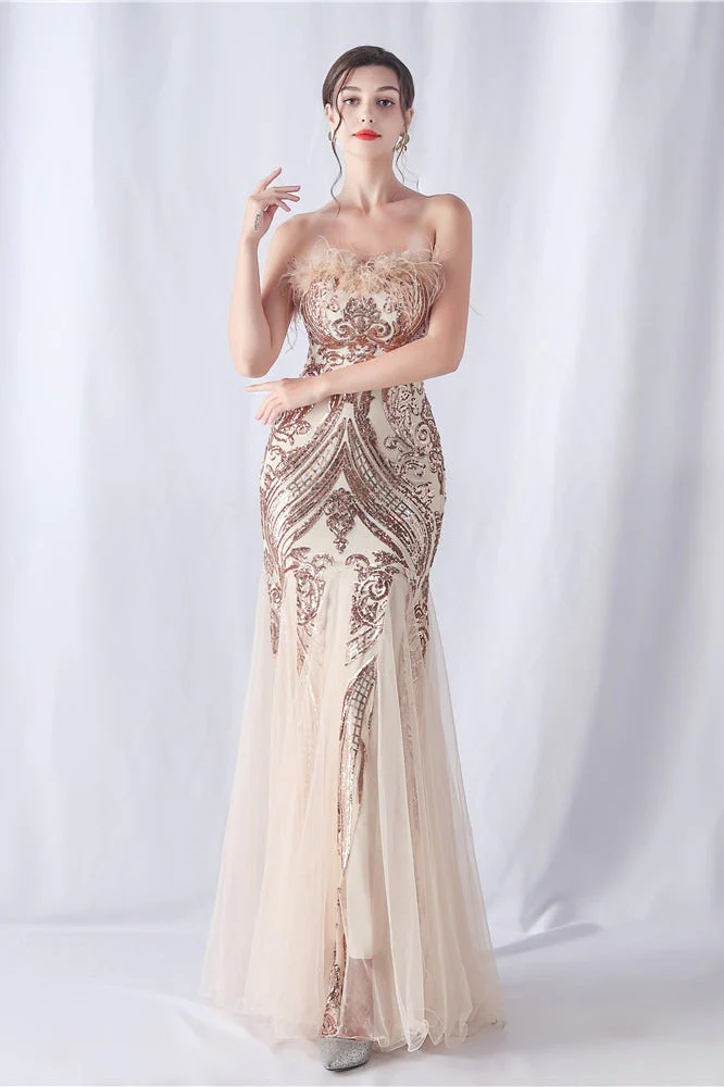 Ostrich Feather Sequin Evening Party Dress - Image 10