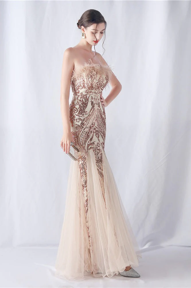 Ostrich Feather Sequin Evening Party Dress - Image 11