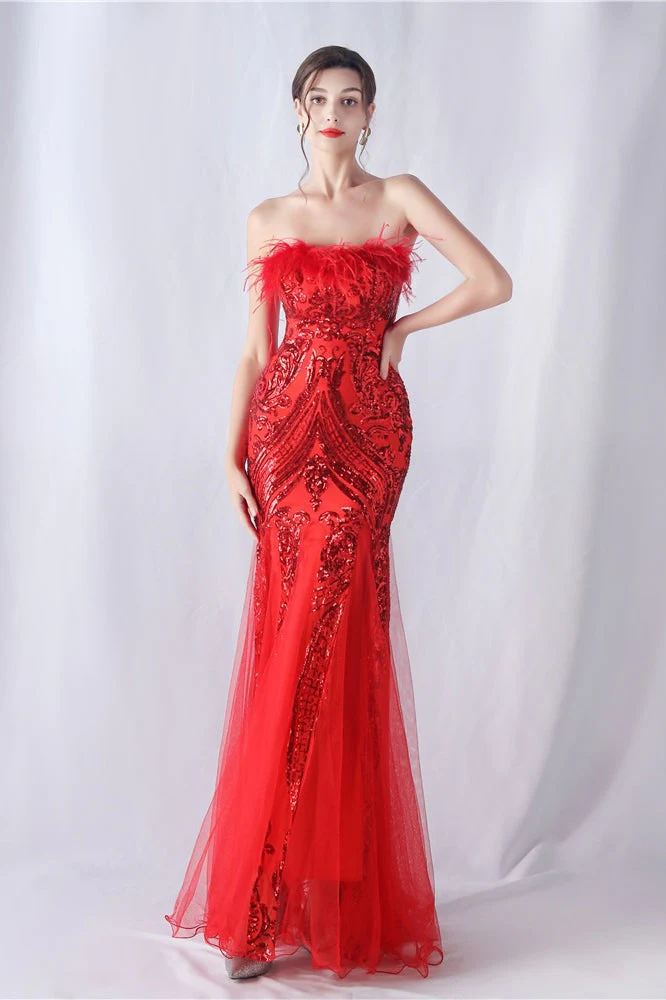 Ostrich Feather Sequin Evening Party Dress - Image 14