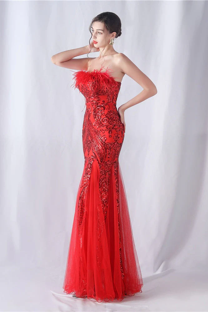 Ostrich Feather Sequin Evening Party Dress - Image 15