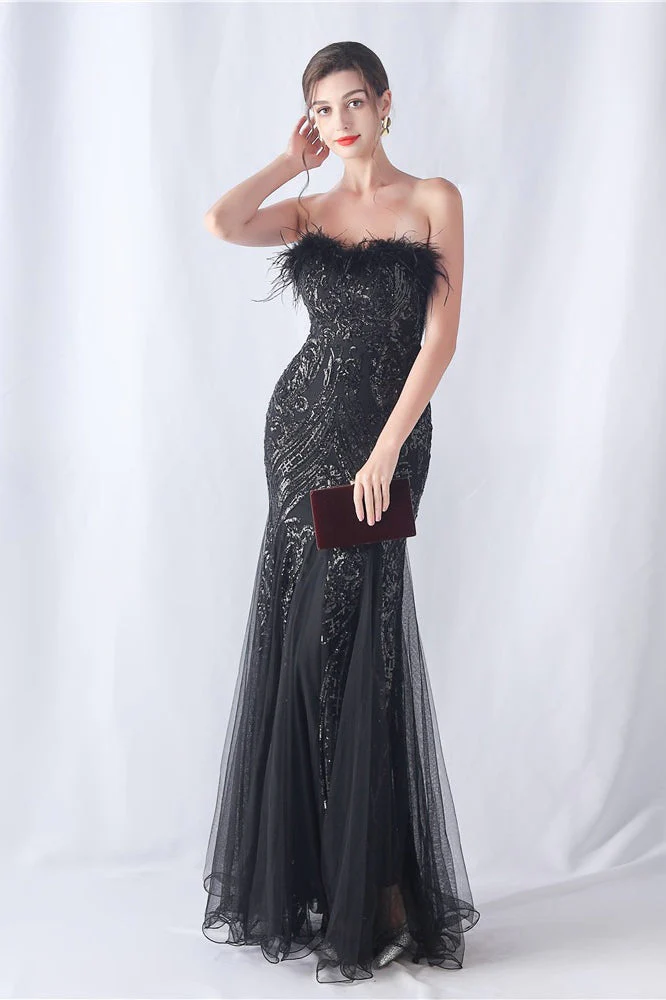 Ostrich Feather Sequin Evening Party Dress - Image 23