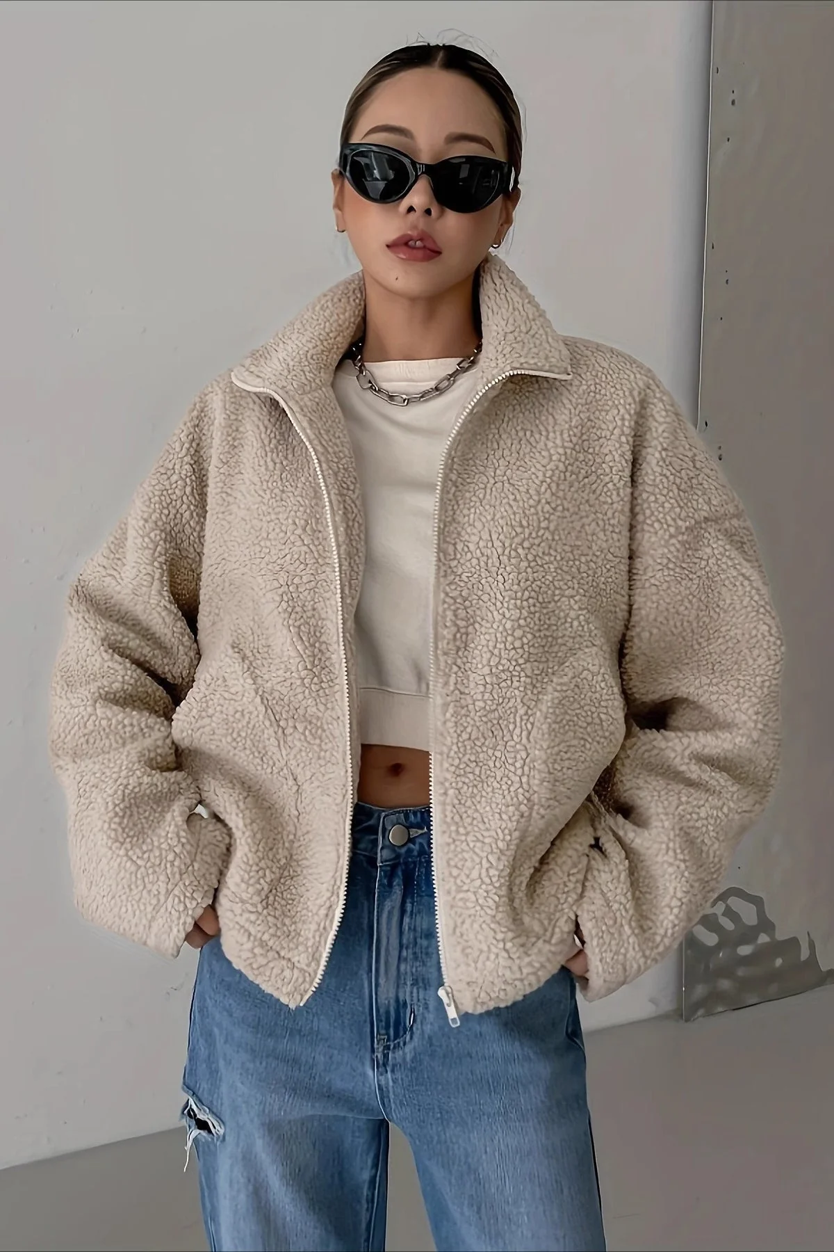 Oversized High Collar Fleece Jacket - Image 2