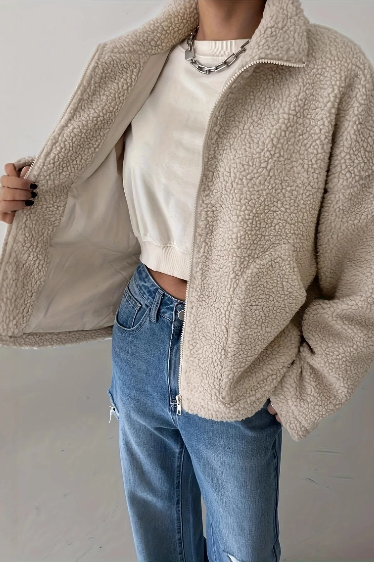 Oversized High Collar Fleece Jacket - Image 3