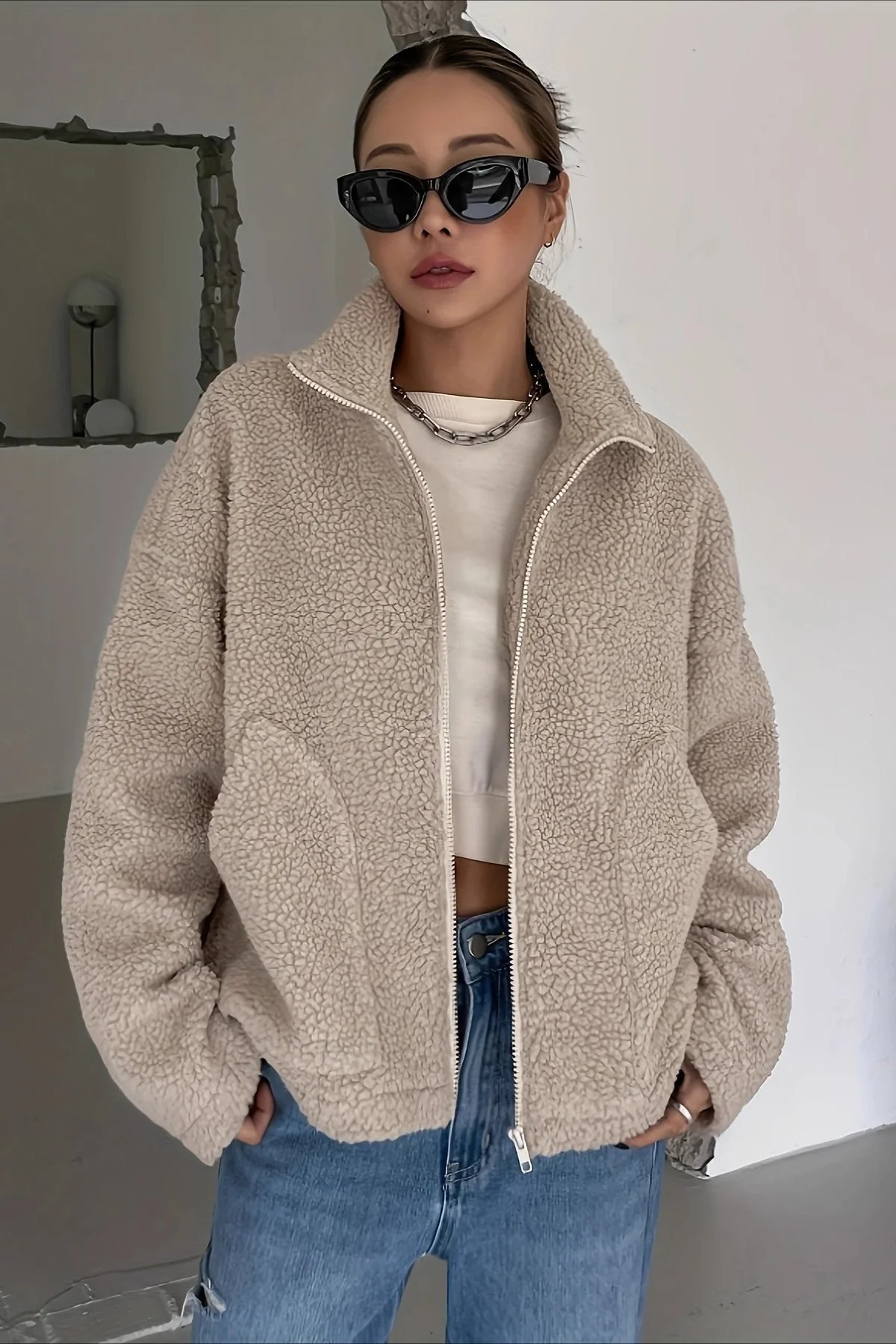 Oversized High Collar Fleece Jacket - Image 4