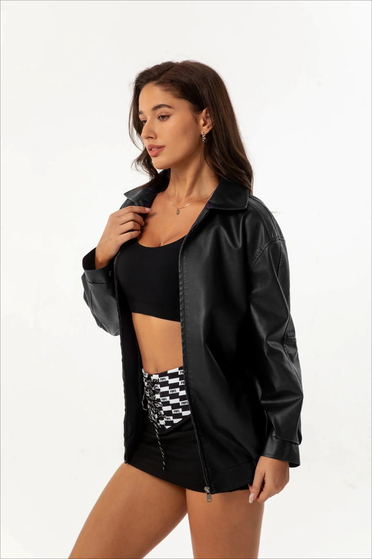 Oversized Lapel Leather Jacket - Image 4