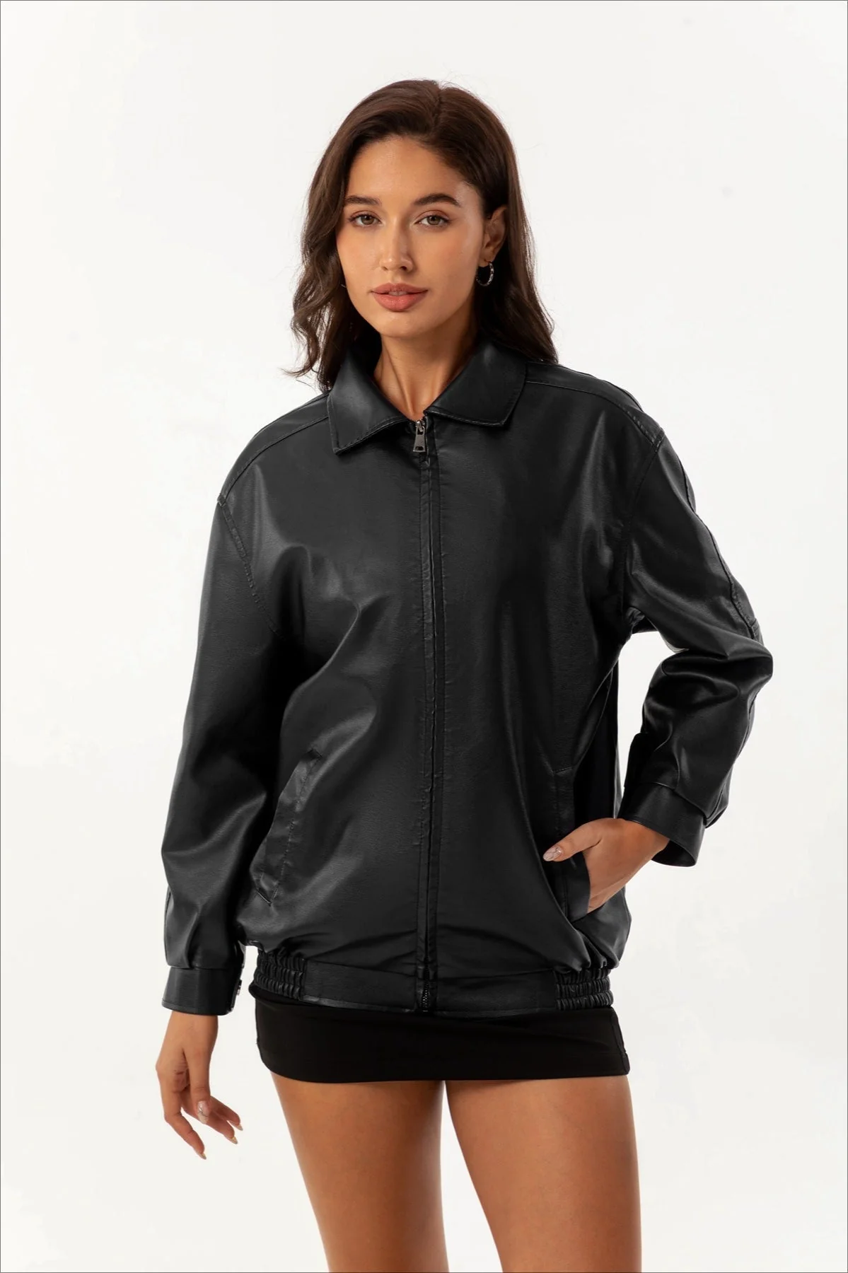 Oversized Lapel Leather Jacket - Image 6