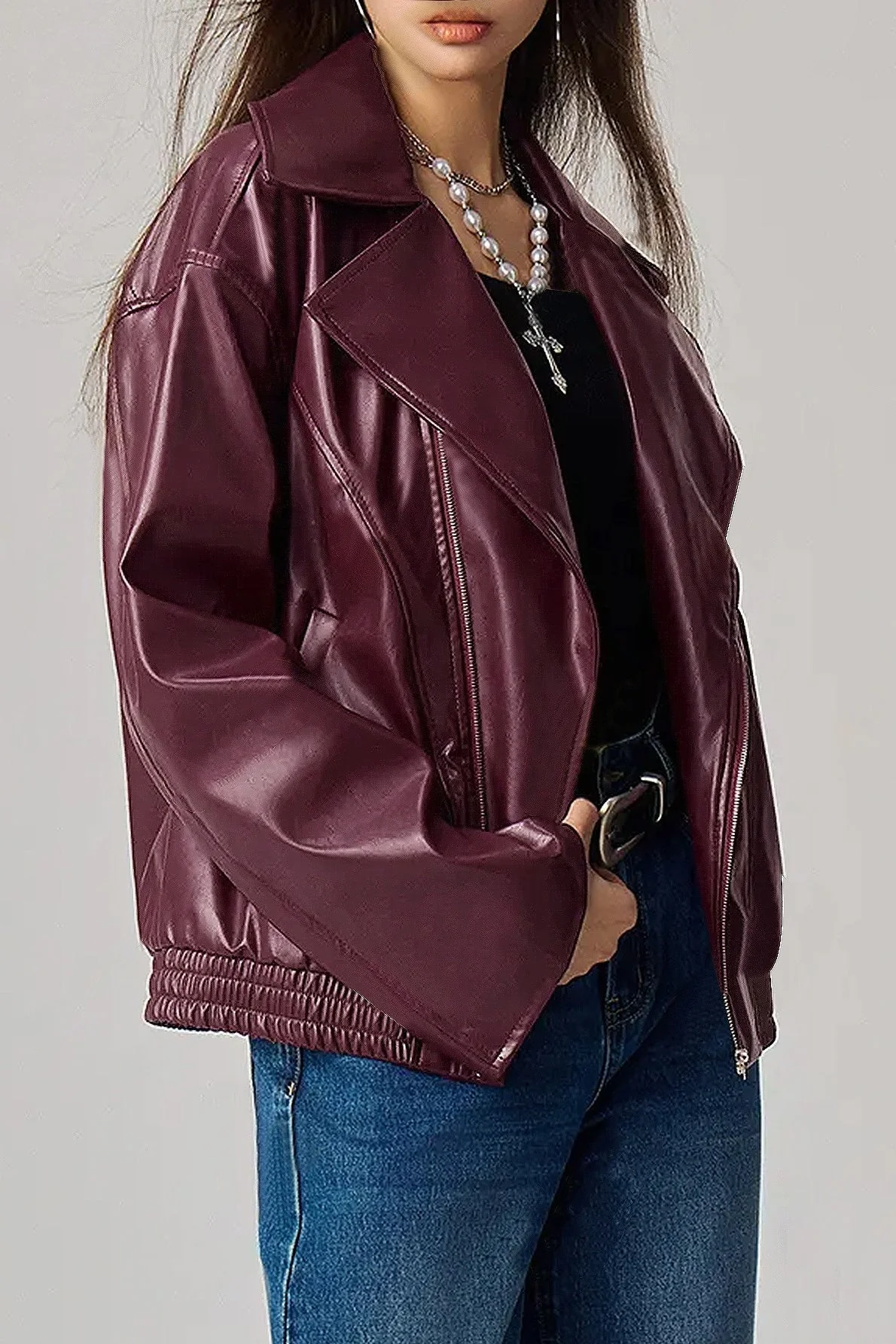 Oversized Long Sleeve Leather Jacket - Image 2