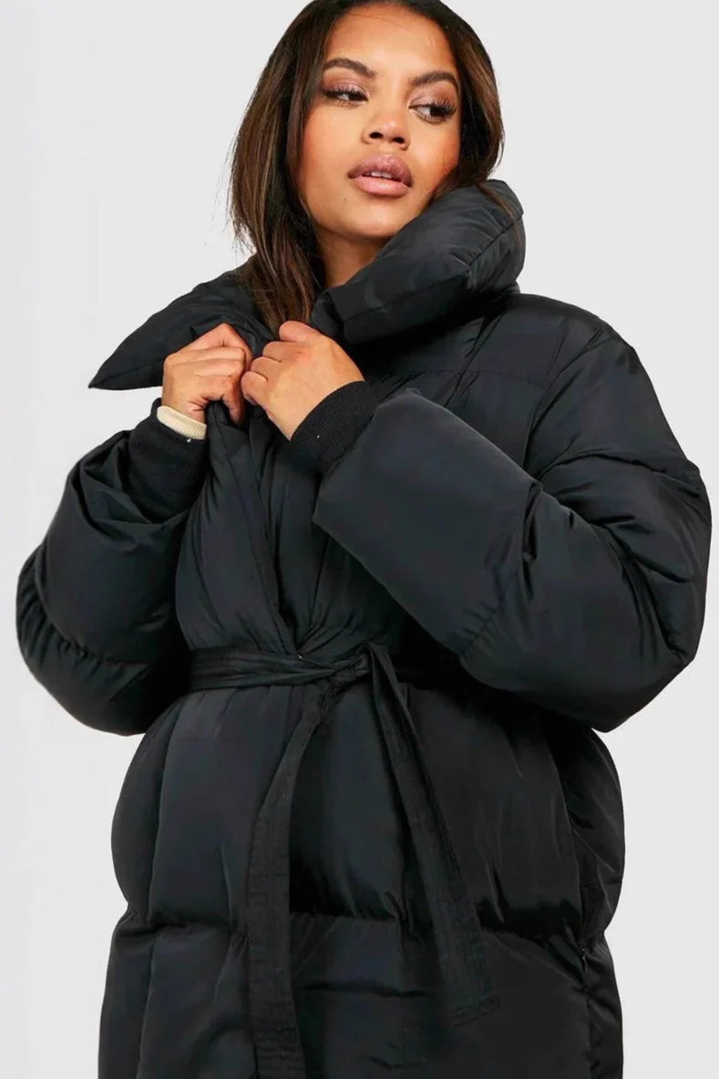 Oversized Solid Color Belted Puffer Jacket - Image 2