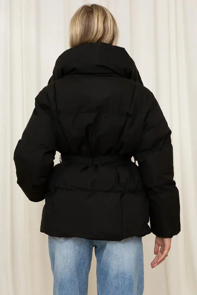 Oversized Solid Color Belted Puffer Jacket - Image 3