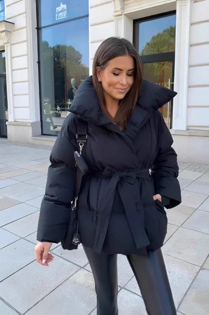 Oversized Solid Color Belted Puffer Jacket - Image 4