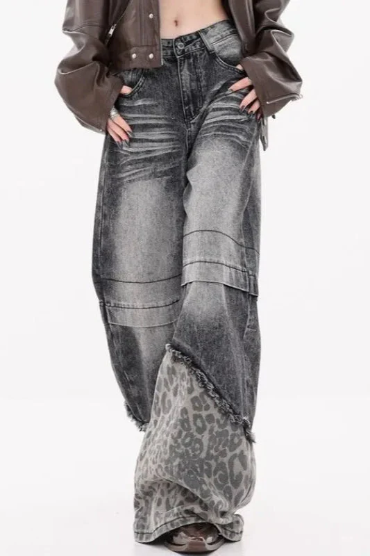 Patchwork Leopard Wide Leg Jeans - Image 11