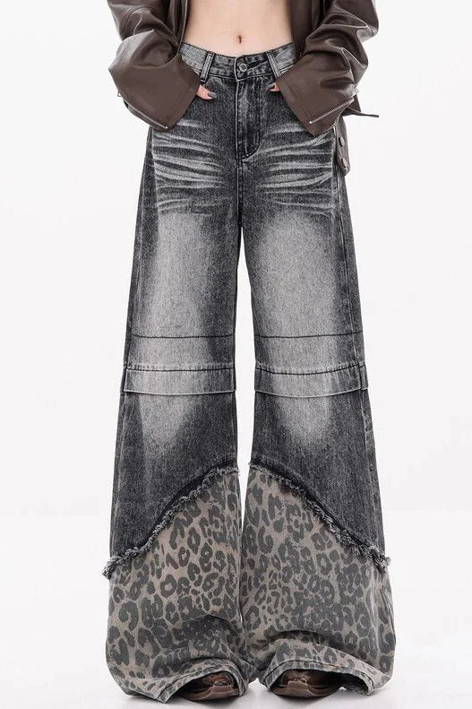 Patchwork Leopard Wide Leg Jeans - Image 13